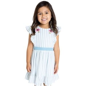 Janie and Jack Girl’s Dress Size 6 Blue White Striped Ruffle Floral Embroidery